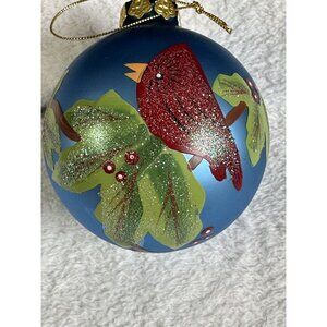 Hand painted Glass Christmas Ornament Red Cardinal Holly Berries Artist Vintage